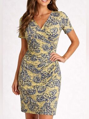 Ralph Lauren Yellow Paisley Ruched V Neck Short Sleeve Knee Length Dress Size 12